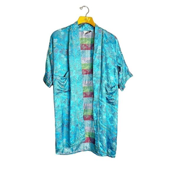 Peony Brand Girls Kimono Size 14 Turquoise Blue Asian Brocade Robe Embroidered - Picture 1 of 6